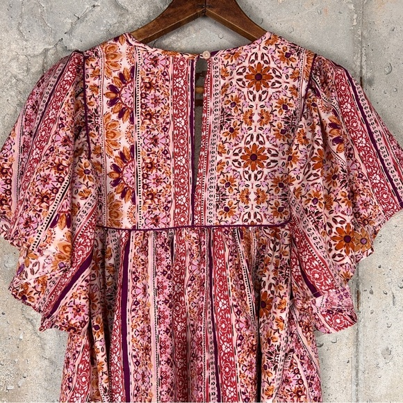 Band of the free pink maroon floral boho flutter sleeve babydoll dress - Picture 6 of 6